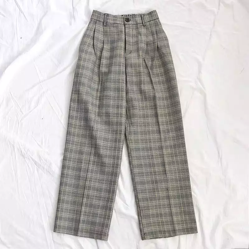 RETRO HIGH-WAIST PLAID CASUAL PANTS BY22807