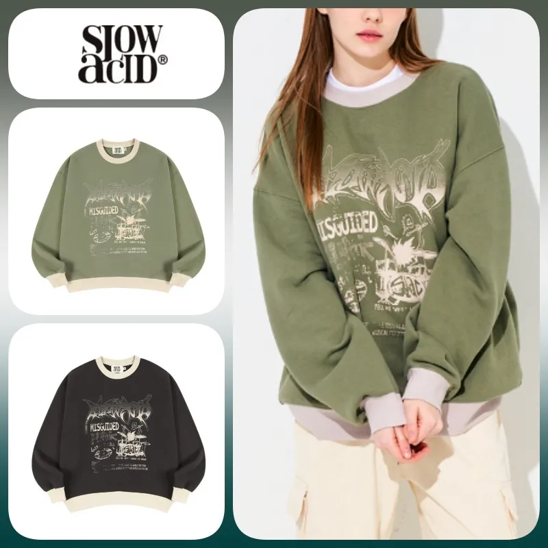 SLOW ACID  |Unisex U-Neck Long Sleeves Oversized Logo Sweatshirts