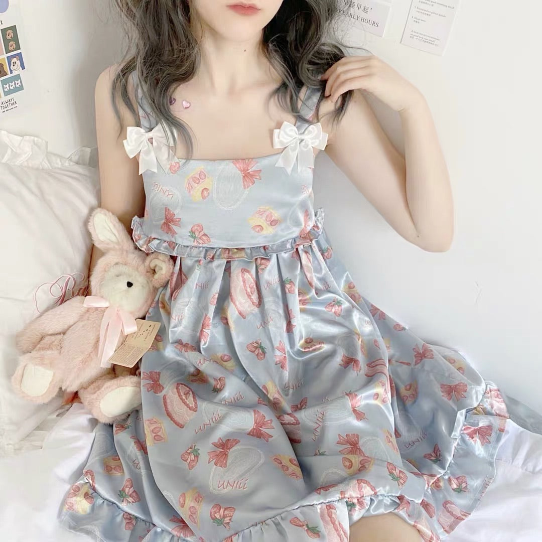 Strawberry blue cake blue satin summer spring pyjamas dress