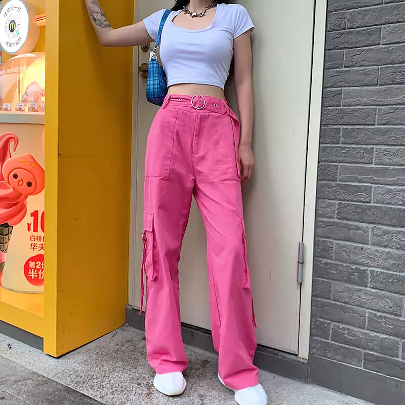 STREET FASHION PASTEL PINK HIGH WAIST POCKET PANTS BY55522