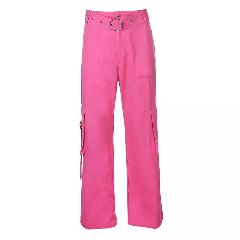 STREET FASHION PASTEL PINK HIGH WAIST POCKET PANTS BY55522