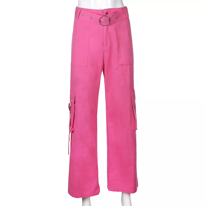 STREET FASHION PASTEL PINK HIGH WAIST POCKET PANTS BY55522