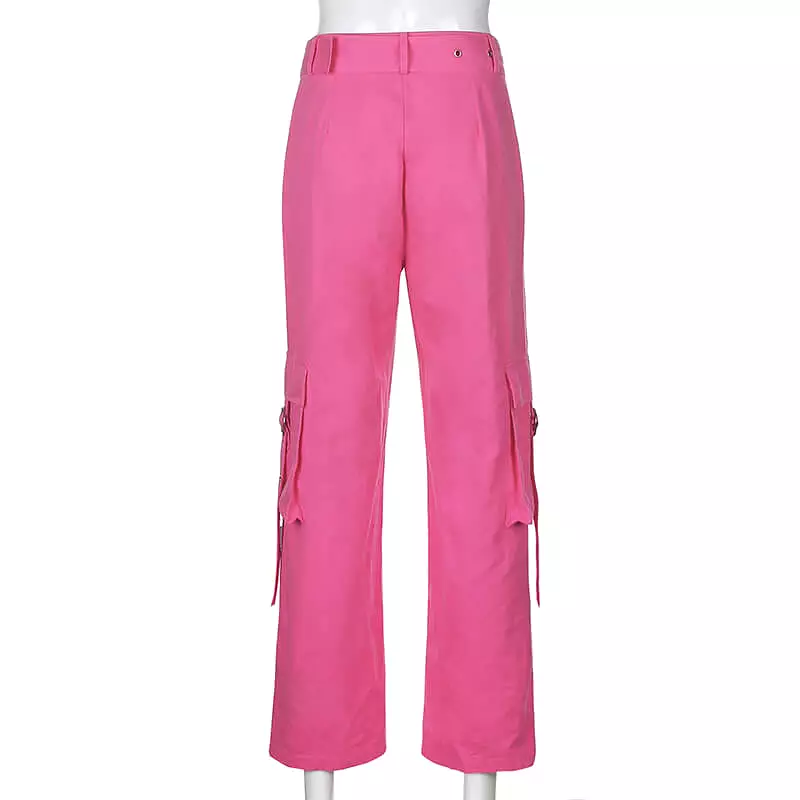 STREET FASHION PASTEL PINK HIGH WAIST POCKET PANTS BY55522