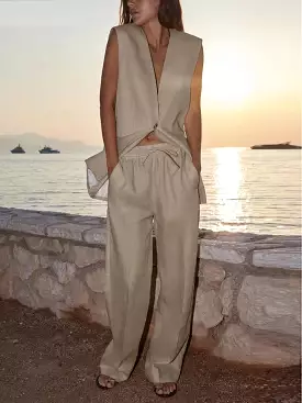 Summer Loose Brown Linen 2 Piece Sets Women Outfit 2024 Fashion Sleeveless Tank Top With Mid Waist Wide Pants Set Female