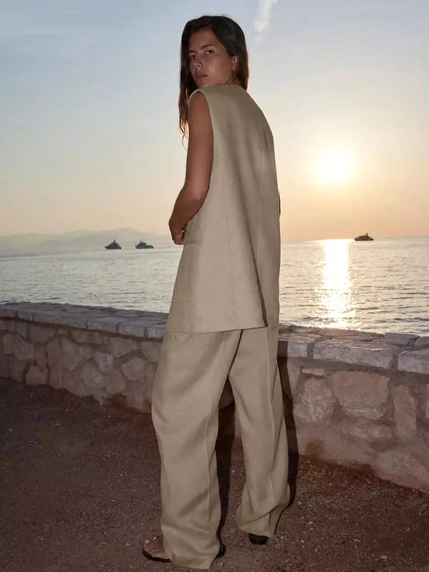 Summer Loose Brown Linen 2 Piece Sets Women Outfit 2024 Fashion Sleeveless Tank Top With Mid Waist Wide Pants Set Female