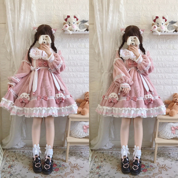 Super warm soft fleece soft milk kitty dress