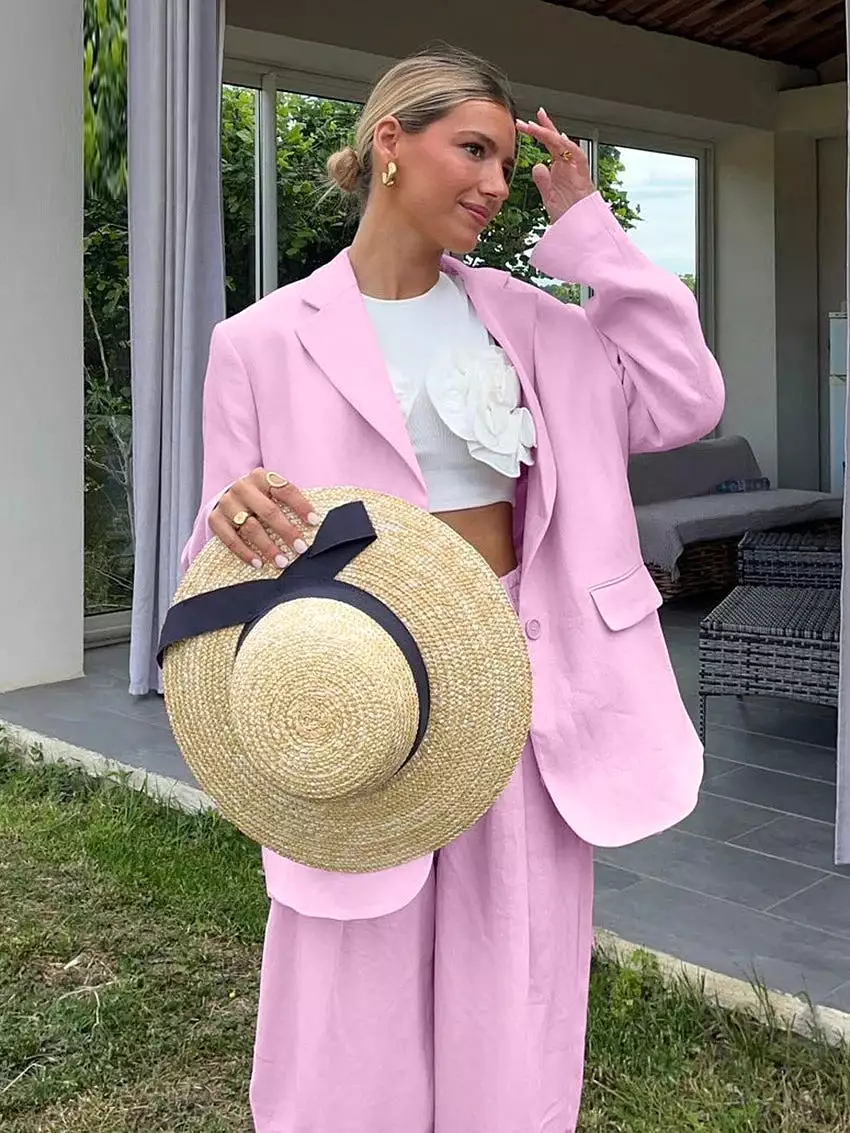 Sustain Loose Pink Cotton 2 Piece Sets Women Outfit 2024 Elegant Long Sleeve Blazer With High Waist Wide Pants Set Female