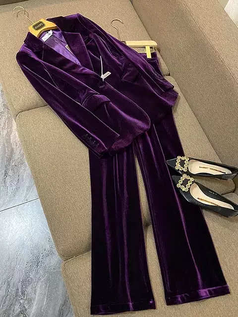 Velvet Blazer Pants Women Set Purple Brown 2023 Autumn Winter New One Button Jacket + Flare Pants Two Piece Office Female Suit