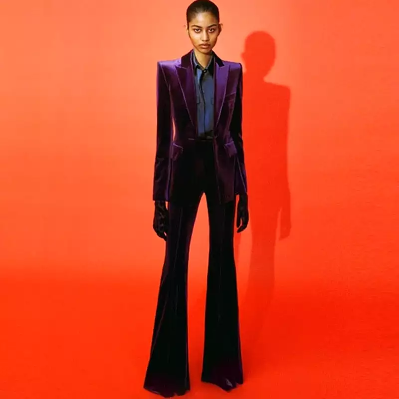 Velvet Blazer Pants Women Set Purple Brown 2023 Autumn Winter New One Button Jacket + Flare Pants Two Piece Office Female Suit