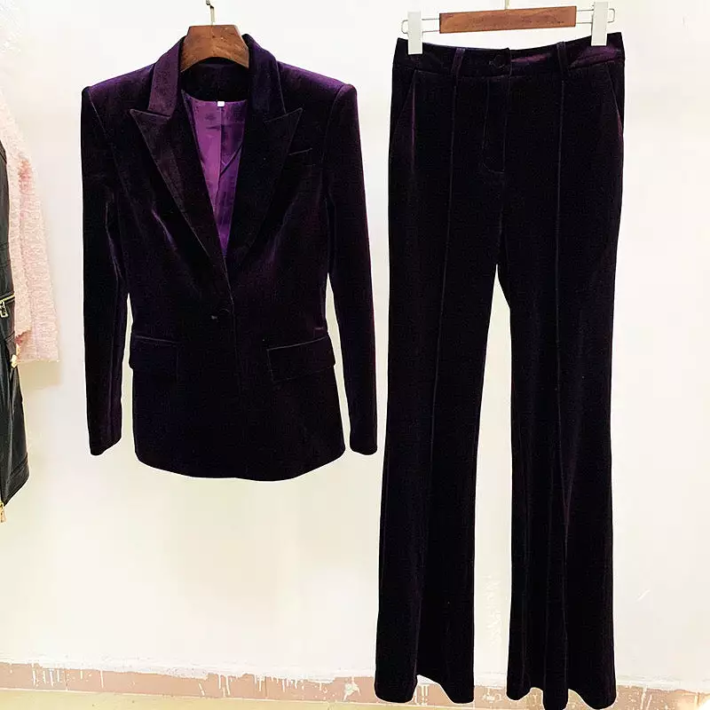 Velvet Blazer Pants Women Set Purple Brown 2023 Autumn Winter New One Button Jacket + Flare Pants Two Piece Office Female Suit