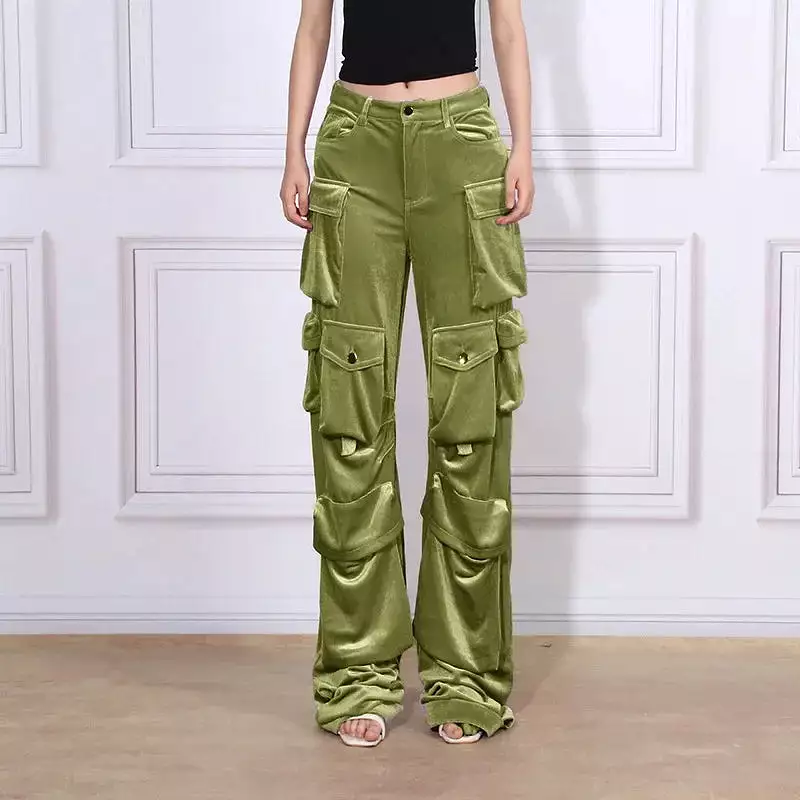 Velvet Cargo Pants Women Hip Versatile Casual Pockets Solid Straight High Waist Trousers for Female