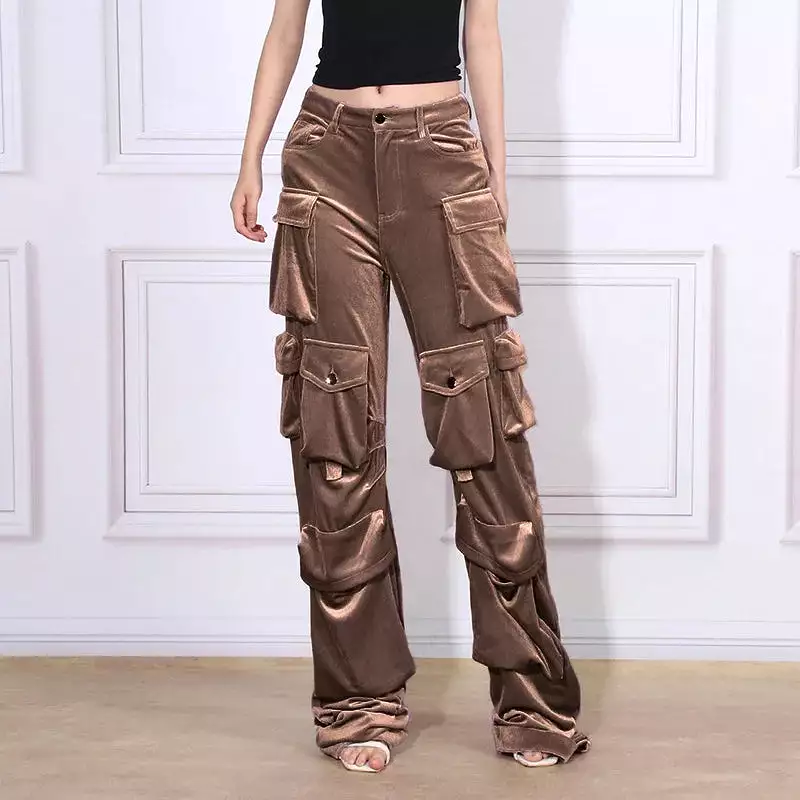 Velvet Cargo Pants Women Hip Versatile Casual Pockets Solid Straight High Waist Trousers for Female