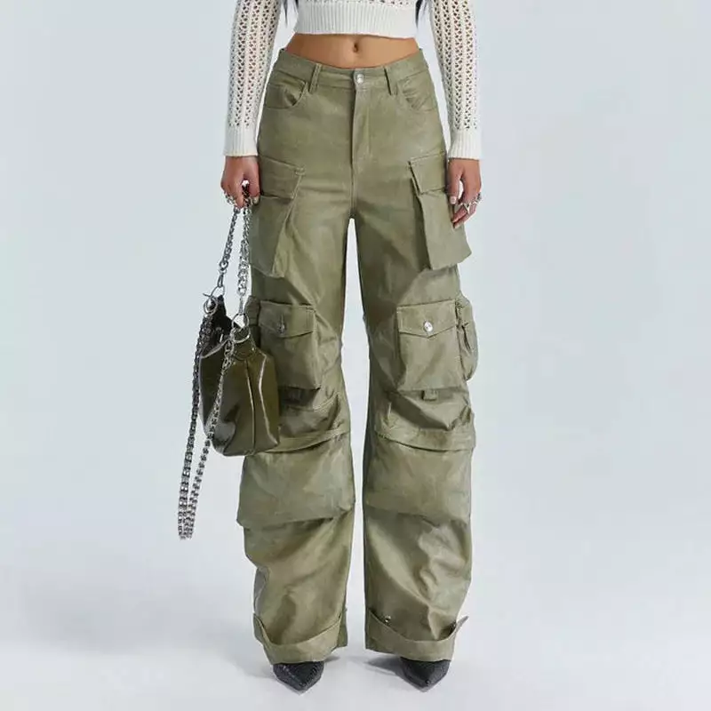 Women Leather Pants Multi Pockets High Waist Trousers Loose Casual All Match Long PU Cargo Pants