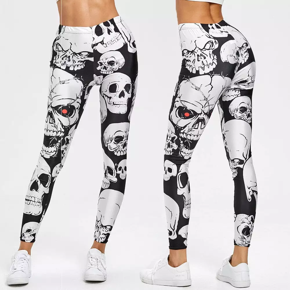 Women Leggings Skull Print Mid Waist Slim Pencil Pants Push Up Slim Legging