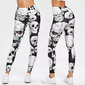 Women Leggings Skull Print Mid Waist Slim Pencil Pants Push Up Slim Legging