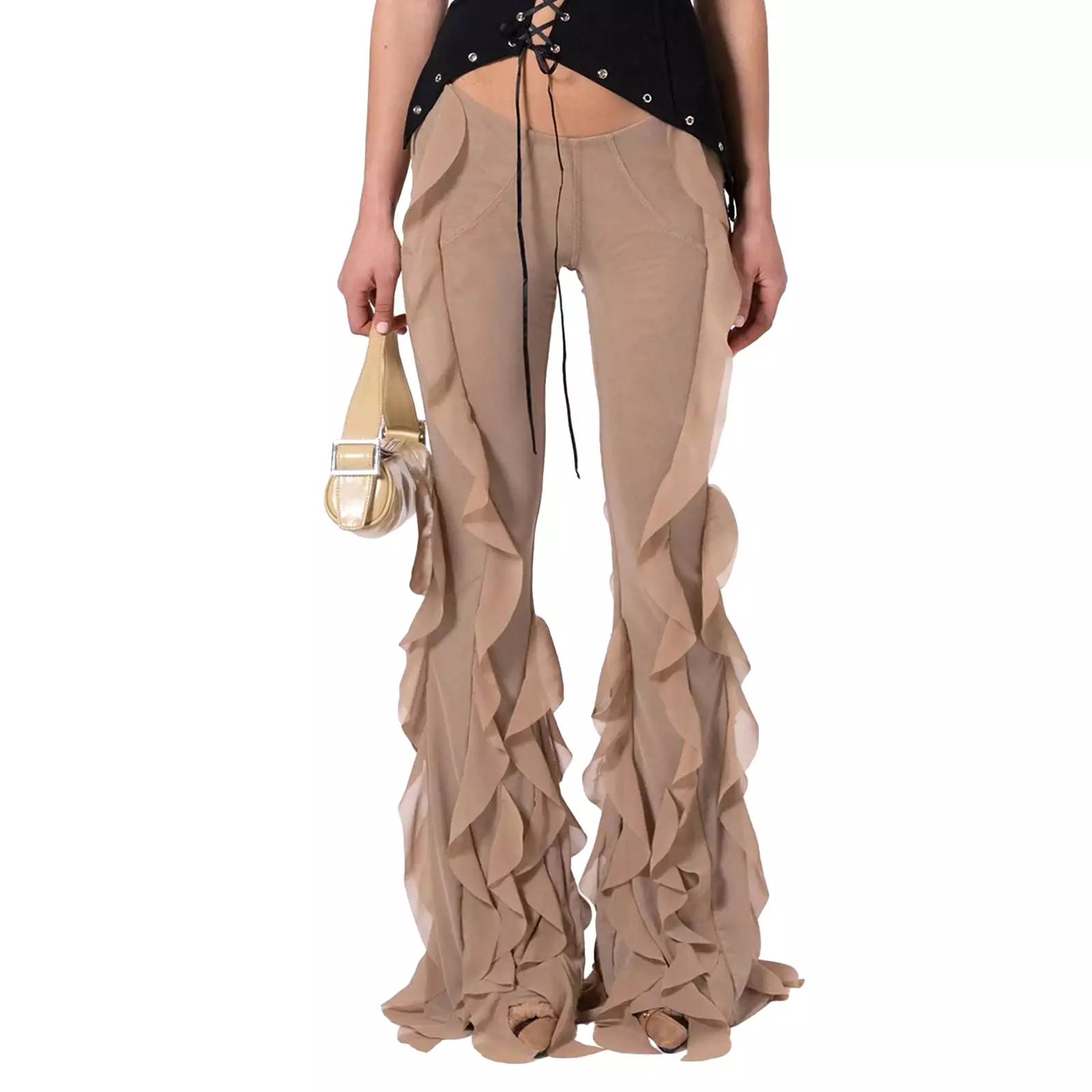 Women s Ruffle Flare Pants y2k Solid Low Rise Stretch Bell Bottom Trousers Rave Club Streetwear