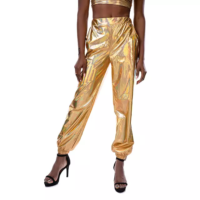 Women Shiny Holographic Pants Loose High Waist Metallic Trousers