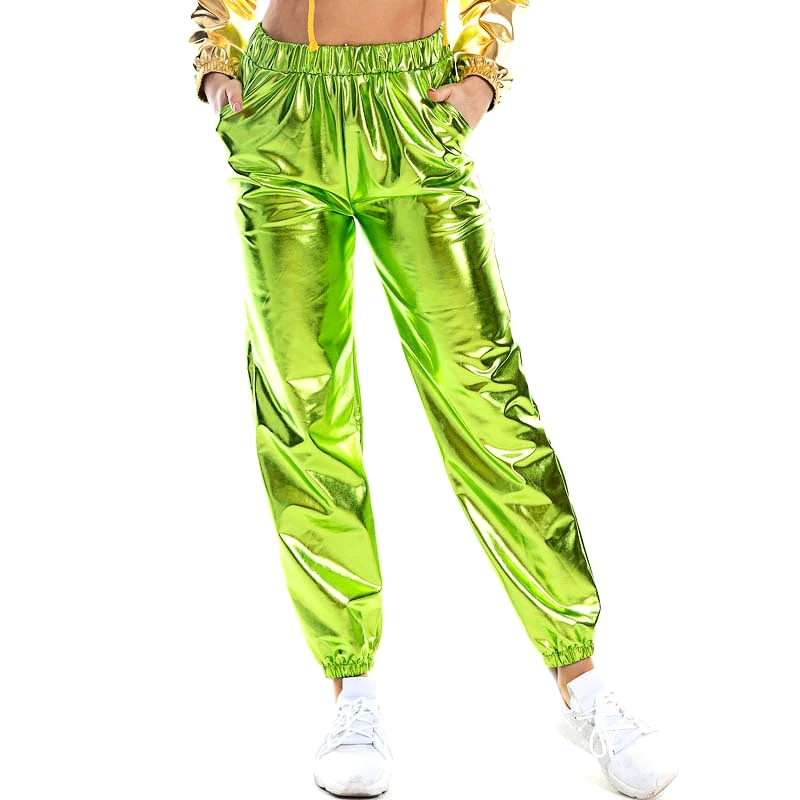 Women Shiny Holographic Pants Loose High Waist Metallic Trousers