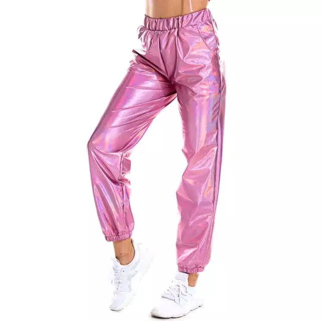 Women Shiny Holographic Pants Loose High Waist Metallic Trousers