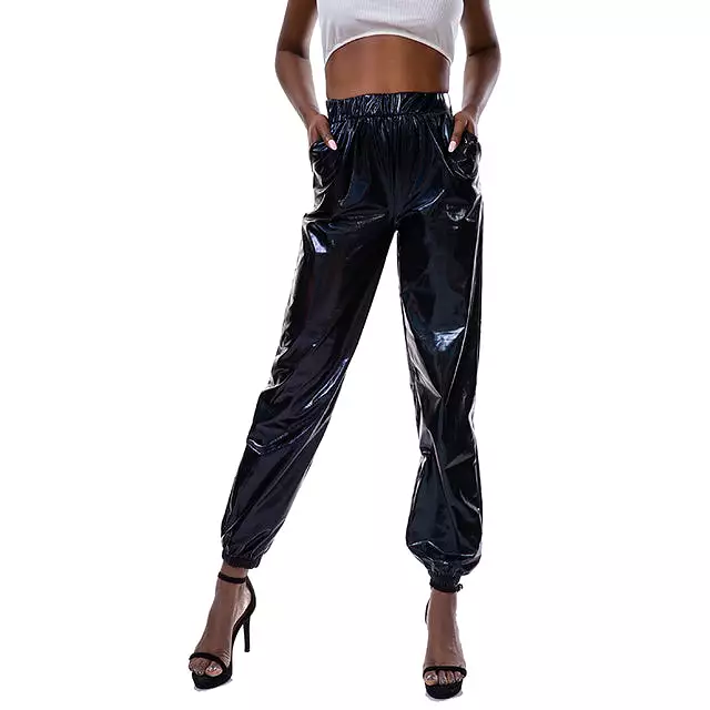 Women Shiny Holographic Pants Loose High Waist Metallic Trousers