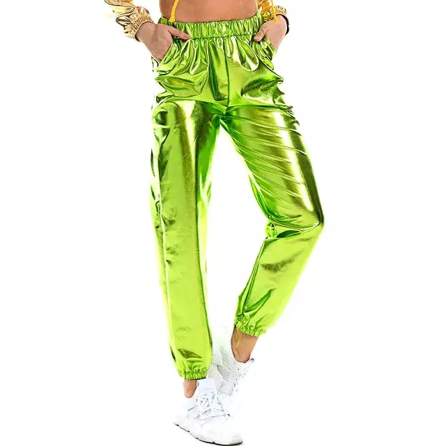 Women Shiny Holographic Pants Loose High Waist Metallic Trousers