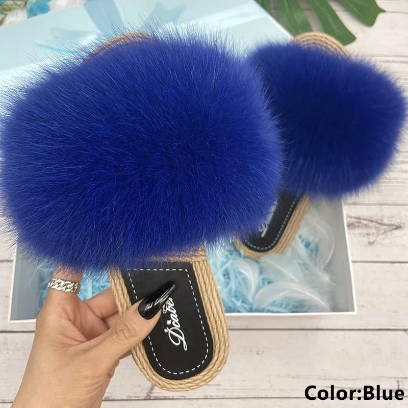 Women's Blue Real Fur Synthetic Straw Natural Fox Flip Flops Flat Sandals