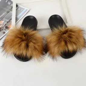 Women's Camel Summer Synthetic Fur Fluffy Furry Slides Home Slippers