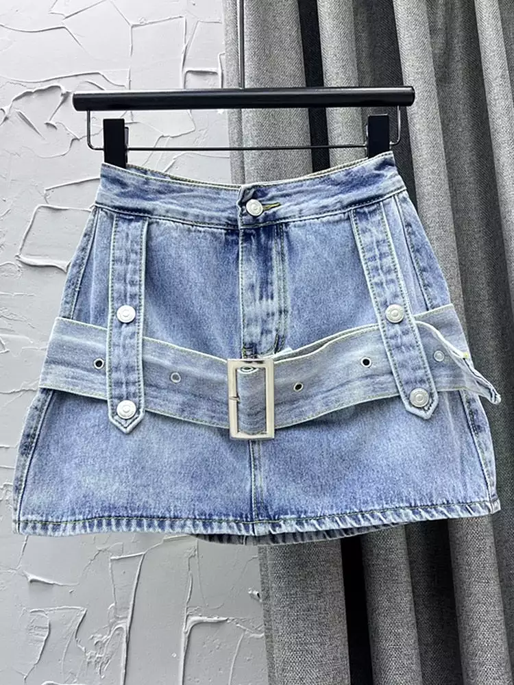 Women's Denim Skirt Spliced Belt High Waist Black A-line Wrap Hip Thin Cargo Mini Skirts 2023 Summer New Fashion 29L960