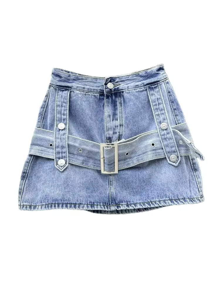 Women's Denim Skirt Spliced Belt High Waist Black A-line Wrap Hip Thin Cargo Mini Skirts 2023 Summer New Fashion 29L960