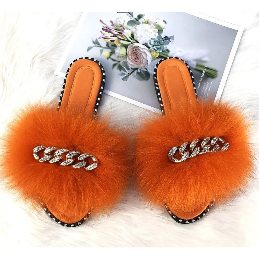 Women's Luxury Summer Orange Color Fluffy Fur Slide Flip-Flop Slippers