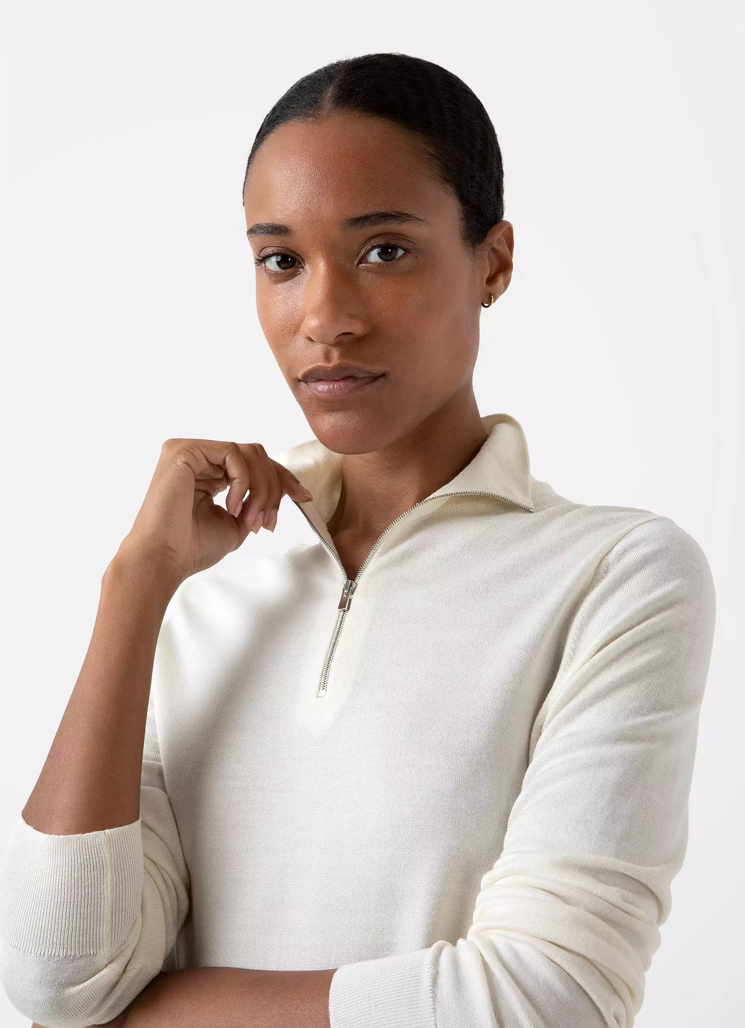 Women's Merino Silk Zip Neck Jumper in Ivory