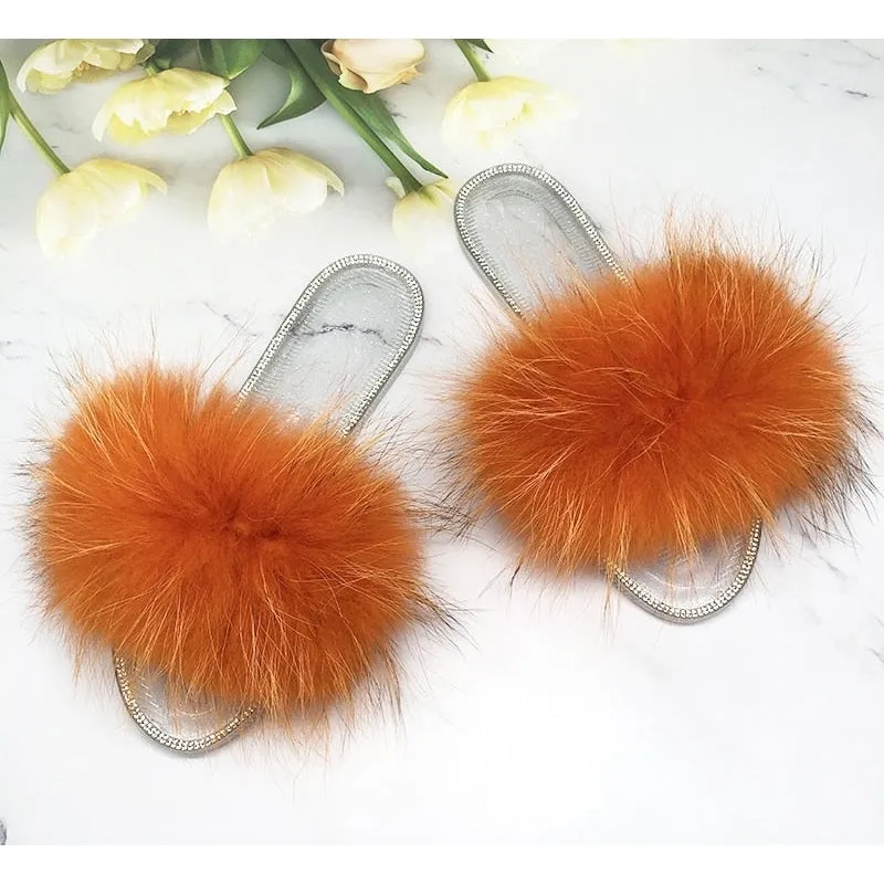 Women's Summer Fluffy Real Fur Transparent Jelly Flip Flop Slipper