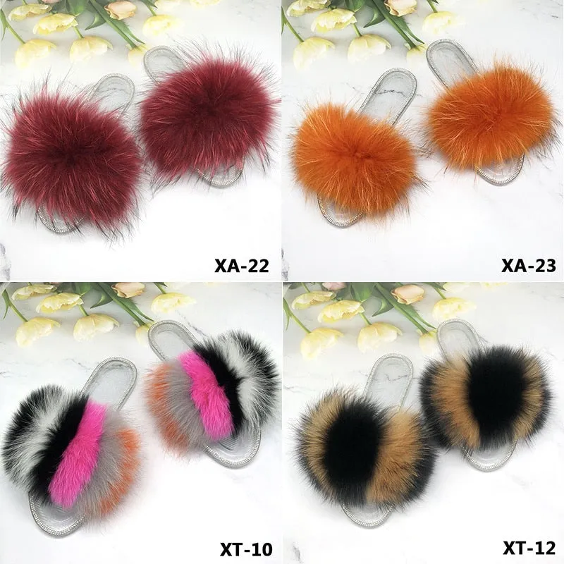 Women's Summer Fluffy Real Fur Transparent Jelly Flip Flop Slipper