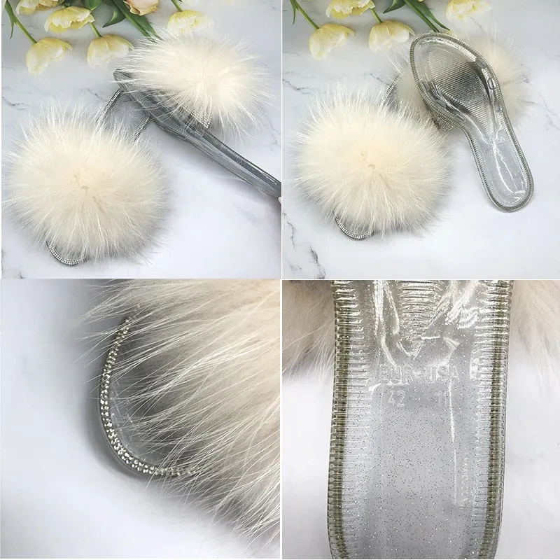 Women's Summer Fluffy Real Fur Transparent Jelly Flip Flop Slipper