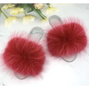 Women's Summer Real Fur Fluffy Slides Transparent Flip Flop Slippers