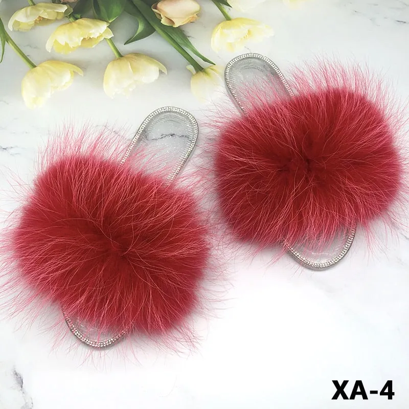 Women's Summer Real Fur Fluffy Slides Transparent Flip Flop Slippers