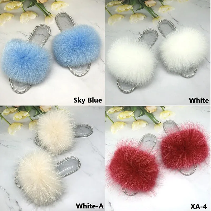 Women's Summer Real Fur Fluffy Slides Transparent Flip Flop Slippers